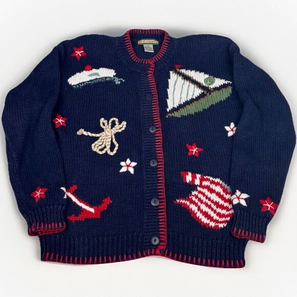 VTG 90s Women’s Small Cottage Embroidered Cardigan Knit Sweater Sailing Nautical - Picture 1 of 3